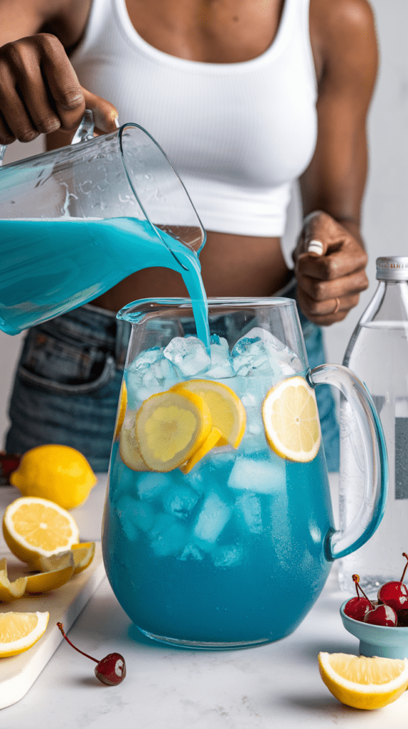 A woman in a white crop top and denim shorts pours vibrant blue liquid into a glass pitcher filled with ice and lemon slices to make a Blue Lagoon mocktail. The setup includes fresh lemons, maraschino cherries, and a bottle of sparkling water, adding a refreshing and summery vibe. The bold blue color of the drink contrasts with the bright yellow lemons, creating an inviting and tropical presentation.