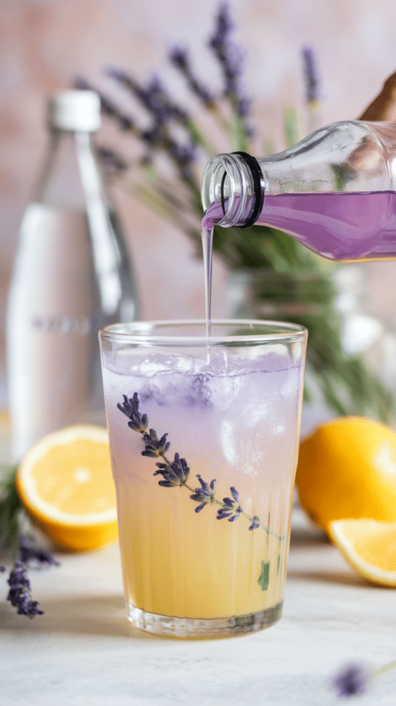 A vibrant glass of lavender lemonade being prepared with a pour of purple lavender syrup. The drink features a beautiful gradient from yellow lemonade to a light lavender hue, garnished with fresh lavender sprigs. Fresh lemons and lavender flowers in the background add a refreshing and aromatic touch to the scene.