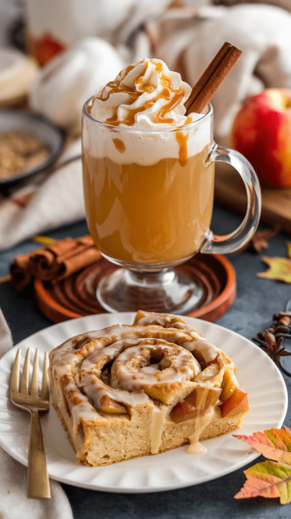 A cozy fall treat featuring a glass mug of warm caramel apple cider topped with whipped cream, caramel drizzle, and a cinnamon stick, paired with a delicious apple cinnamon roll drizzled with icing. The scene is set against an autumn-themed backdrop with warm spices, fresh apples, and colorful fall leaves.