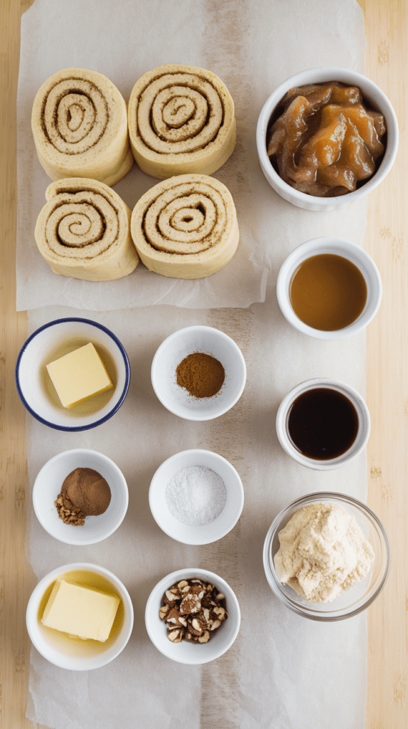 An overhead view of ingredients for apple pie cinnamon rolls on a parchment-lined surface. The setup includes pre-made cinnamon roll dough, a bowl of cinnamon-spiced apple pie filling, butter, brown sugar, chopped pecans, vanilla extract, cinnamon, nutmeg, salt, and a bowl of streusel topping. The neatly arranged ingredients highlight the simplicity of this comforting fall dessert.