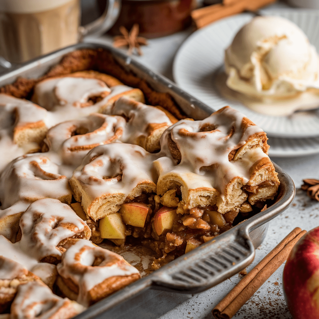 A close-up of a freshly baked apple pie cinnamon roll casserole in a metal baking dish, topped with creamy white icing. One piece is scooped out, revealing tender cinnamon roll layers filled with spiced apple chunks and streusel. In the background, a plate with a scoop of vanilla ice cream and warm, cozy elements like cinnamon sticks and a latte enhance the autumnal ambiance.