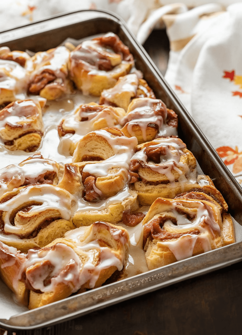 A baking pan filled with freshly baked apple pie cinnamon rolls, generously drizzled with creamy white icing. The warm, golden rolls are swirled with tender cinnamon-spiced apple filling, creating a cozy and indulgent dessert perfect for fall, complemented by a white towel with red and orange leaf patterns in the background.