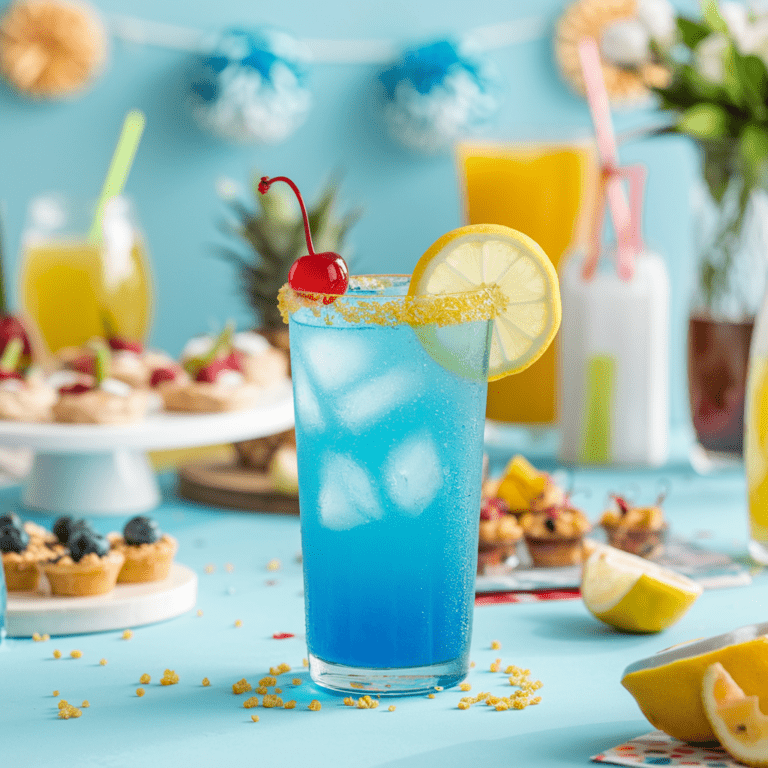 A vibrant Blue Lagoon mocktail served in a tall glass with ice, garnished with a lemon slice and a maraschino cherry, with a sugared rim adding a festive touch. The drink is set against a bright, tropical-themed backdrop featuring colorful decorations, fresh fruit, and a selection of small desserts. The overall vibe is playful and refreshing, perfect for a summer party or beach-themed event.