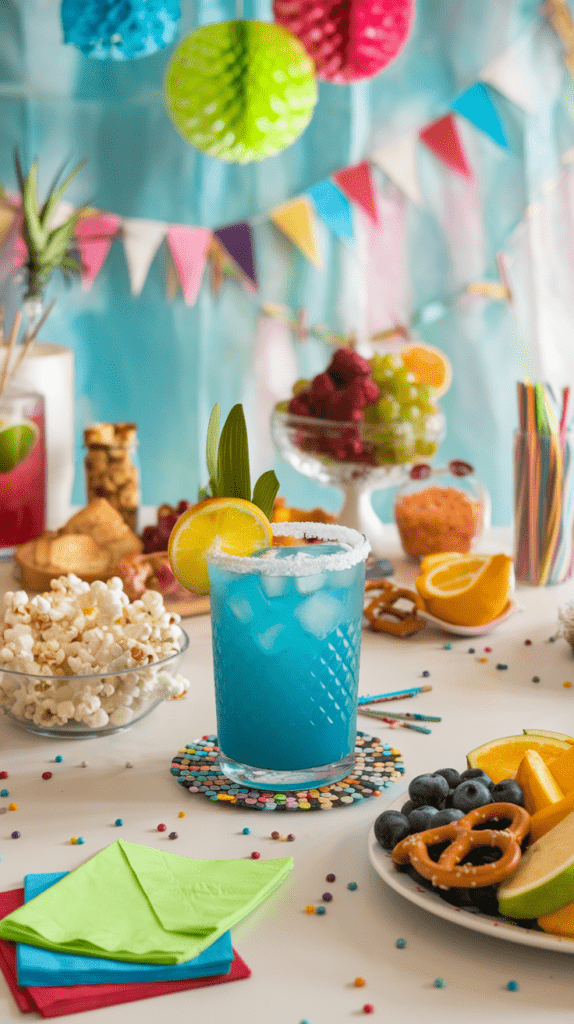 A festive party setup featuring a vibrant blue lagoon mocktail in a textured glass with a salted rim, garnished with a lemon slice and tropical leaves. The table is adorned with colorful decorations, popcorn, fresh fruit, pretzels, and sweet treats, creating a lively and celebratory atmosphere. The background is filled with bright hanging decorations, including paper pom-poms and a multicolored bunting, enhancing the cheerful and playful vibe.