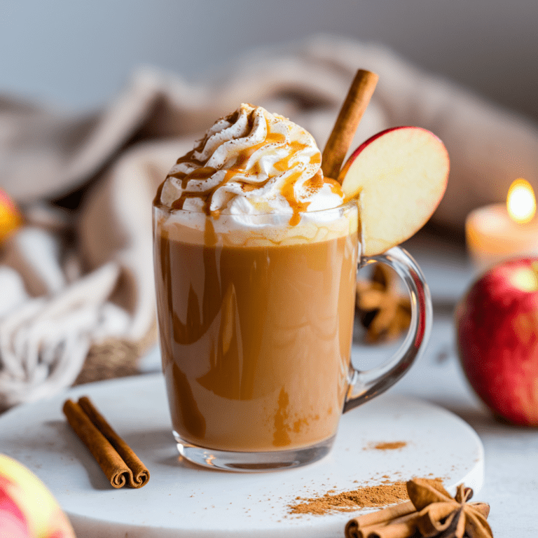 A glass mug filled with warm caramel apple cider, topped with a generous swirl of whipped cream, caramel drizzle, and a sprinkle of cinnamon. A fresh apple slice and a cinnamon stick garnish the drink, creating a cozy autumn vibe. The background features soft blankets, a glowing candle, and vibrant red apples, adding to the warm and inviting atmosphere.