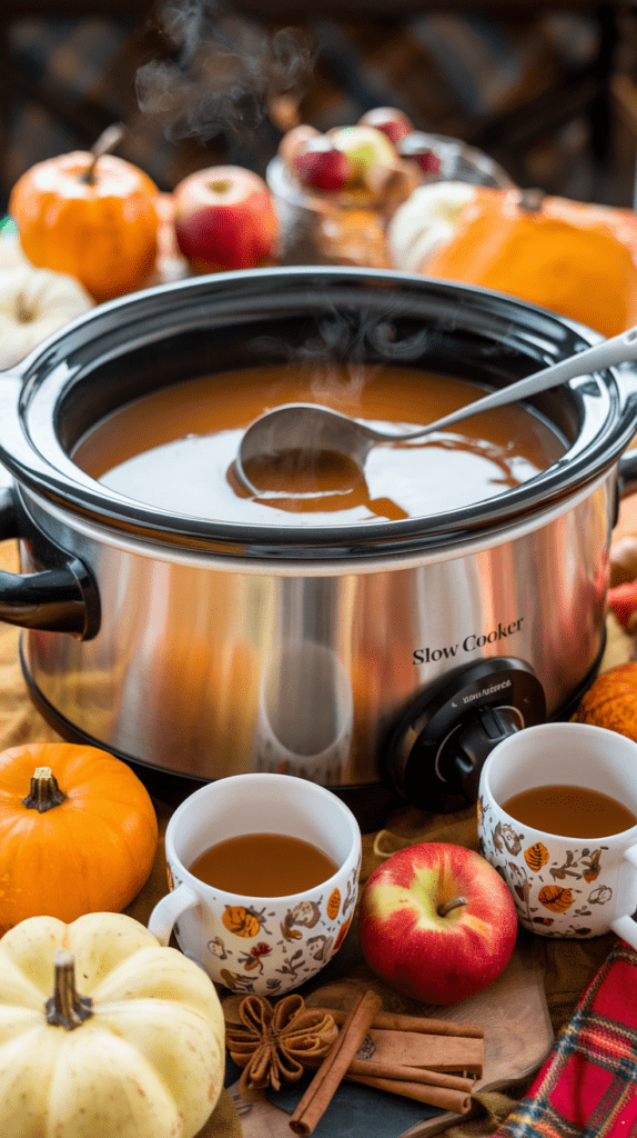 A steaming slow cooker filled with warm caramel apple cider, surrounded by festive fall decor, including mini pumpkins, fresh apples, cinnamon sticks, and cozy autumn-themed mugs. The scene evokes a warm and inviting fall ambiance, perfect for gatherings and seasonal celebrations.