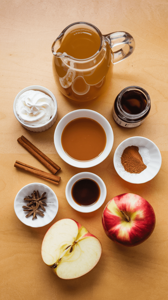 Ingredients for Caramel Apple Cider displayed on a light wooden surface. The arrangement includes a glass pitcher of apple cider, a small bowl of caramel sauce, whipped cream in a white ramekin, whole cinnamon sticks, a red apple (whole and halved), star anise, ground cinnamon and salt in a white dish, vanilla extract in a small bowl, and a jar of vanilla or caramel flavoring. The setup highlights the warm, spiced ingredients needed to create a cozy fall drink.