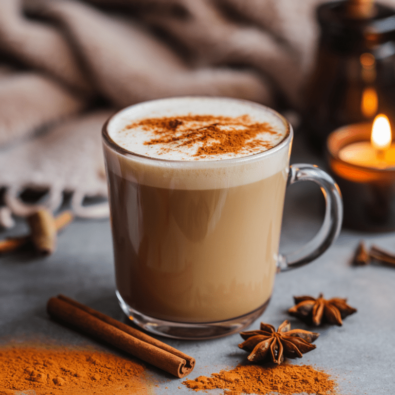 A warm and inviting glass mug of chai latte topped with a sprinkle of cinnamon, surrounded by autumn spices like cinnamon sticks and star anise. The cozy scene features a soft blanket and a lit candle, creating a relaxing and comforting fall atmosphere.