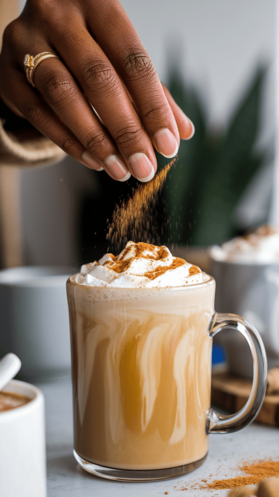 A close-up of a person sprinkling cinnamon over a creamy chai latte topped with whipped cream. The glass mug showcases beautiful swirls of milk and tea, adding to the warm and cozy vibe. The person's hand, adorned with a delicate gold ring, adds a touch of elegance to the scene.