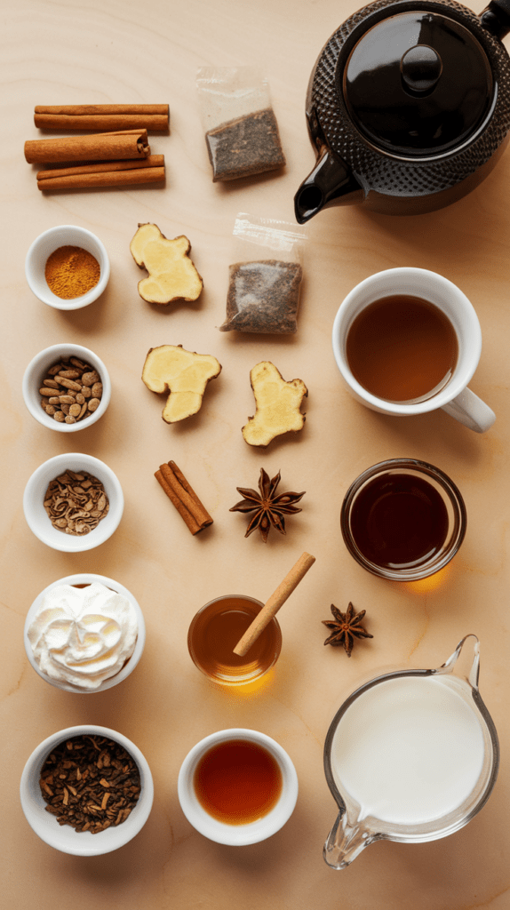 A flat lay of ingredients for making a chai latte, including black tea bags, fresh ginger slices, cinnamon sticks, star anise, cardamom pods, ground turmeric, honey, whipped cream, milk, and a black teapot. The neatly arranged spices and ingredients create an inviting and warm vibe, perfect for cozying up with a homemade chai latte.