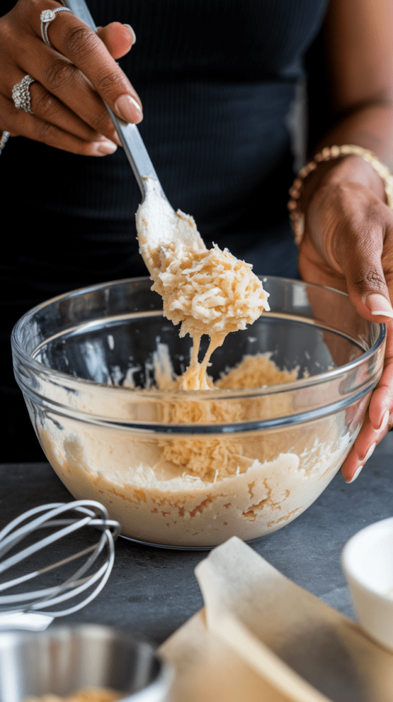 A woman mixing coconut macaroon batter in a clear glass bowl, holding a spoonful of the creamy, shredded coconut mixture. The batter has a rich, textured consistency, ready to be scooped onto a baking sheet. The scene includes baking tools like a wire whisk and parchment paper, while the person's elegant rings and bracelets add a touch of style to this homey, hands-on baking process.