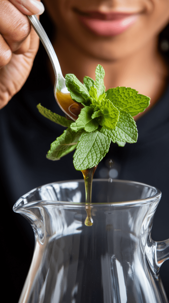 A person holding a spoon with golden syrup, pouring it over fresh mint leaves into a clear glass pitcher. The close-up shot captures the syrup's drip and the vibrant green of the mint, set against a soft, smiling face in the background.