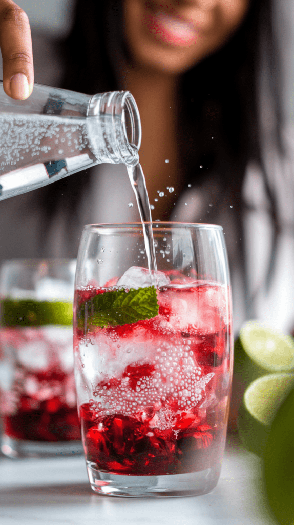 A close-up of sparkling water being poured into a glass filled with red cranberry juice, fresh mint leaves, ice cubes, and lime slices. The drink bubbles up refreshingly, with a smiling person blurred in the background, adding a lively and cheerful vibe.