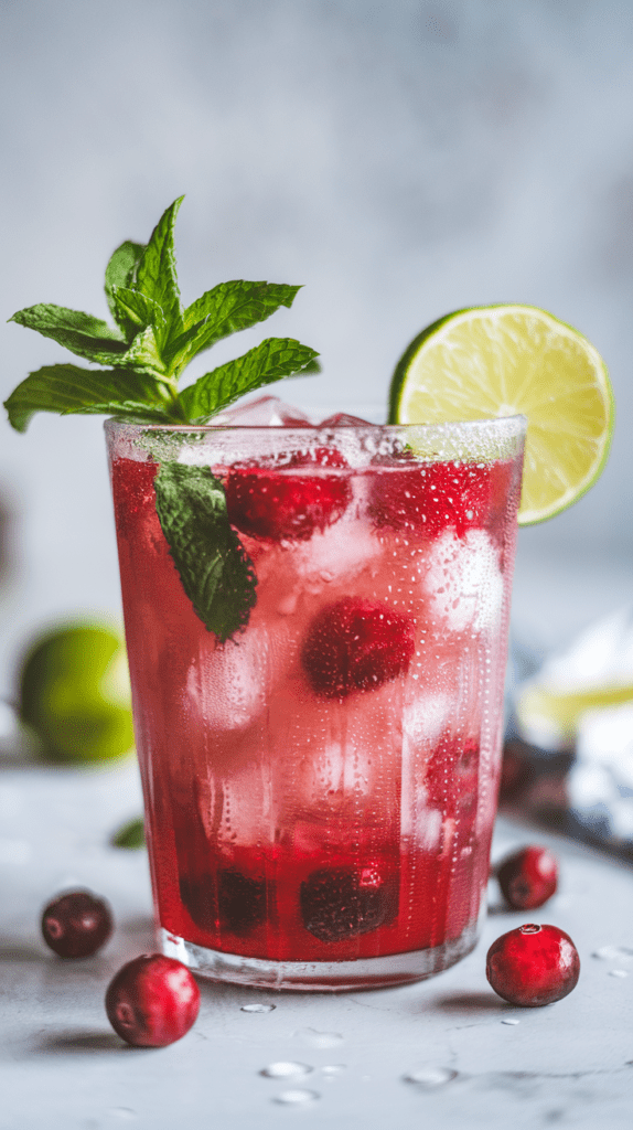 A chilled cranberry mojito mocktail in a textured glass, brimming with ice, fresh cranberries, and garnished with a sprig of mint and a lime slice. The glass is dewy with condensation, with whole cranberries and a lime in the blurred background, creating a refreshing and vibrant presentation.