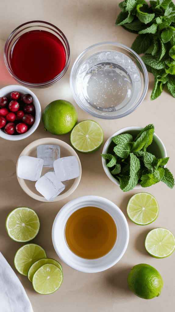 Top-down view of ingredients for a cranberry mojito mocktail, including fresh mint leaves, whole cranberries in a white bowl, lime slices, a whole lime, ice cubes, cranberry juice, sparkling water with ice, and a bowl of golden syrup. Ingredients are arranged neatly on a light beige surface.