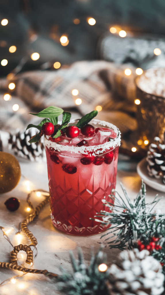 A festive cranberry mojito mocktail in a textured glass with a sugared rim, garnished with fresh cranberries and basil leaves. The drink is surrounded by holiday decor, including pine cones, fairy lights, and a cozy plaid blanket, creating a warm and inviting winter atmosphere.