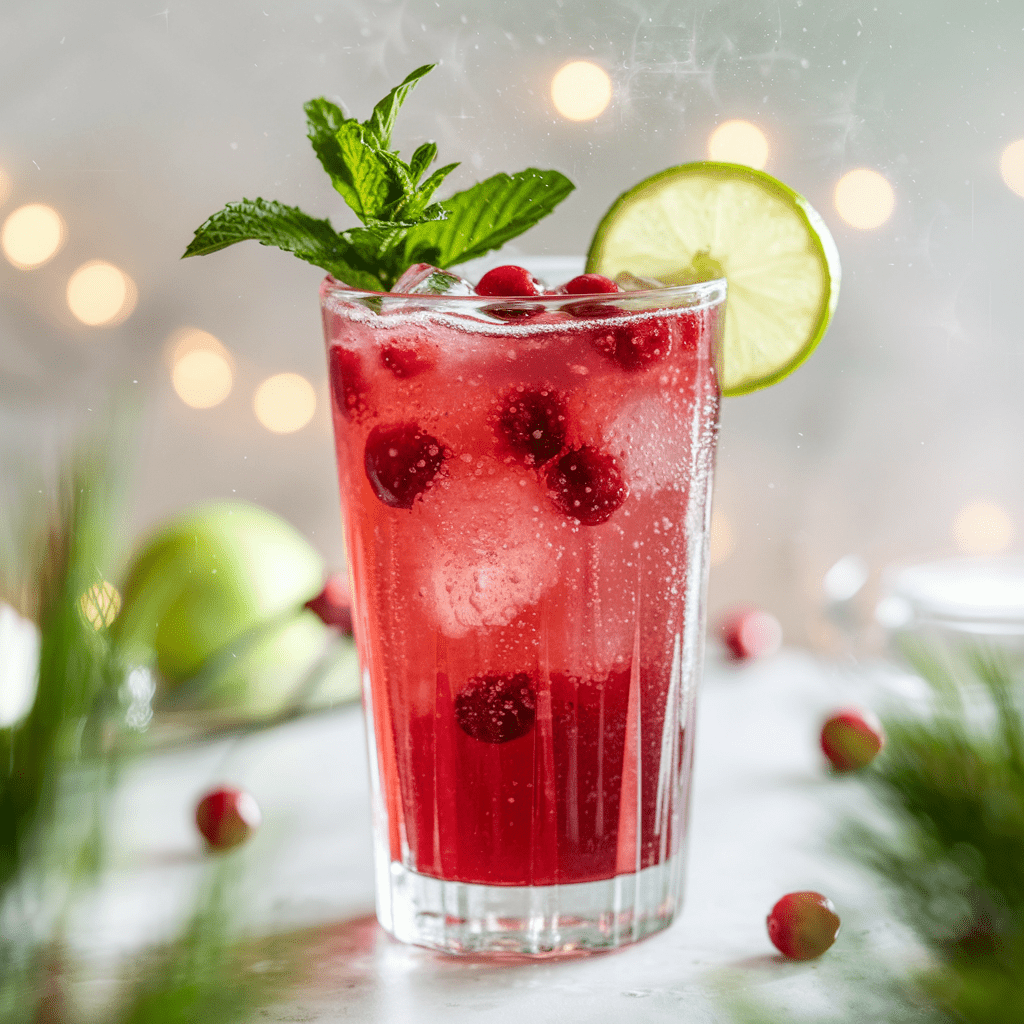 A refreshing cranberry mojito mocktail in a tall glass, filled with ice, vibrant red cranberries, and topped with fresh mint and a lime slice. Soft bokeh lights in the background add a festive touch, with green apples and cranberries subtly visible around the glass.