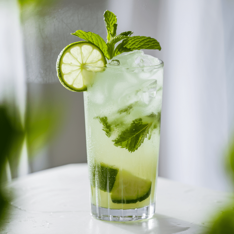 A tall, transparent glass filled with a refreshing cucumber mint cooler, garnished with fresh mint leaves and a lime wheel on the rim. The pale green drink contains ice cubes, cucumber slices, and mint leaves floating inside. The background is softly blurred with natural light, highlighting the condensation on the glass.