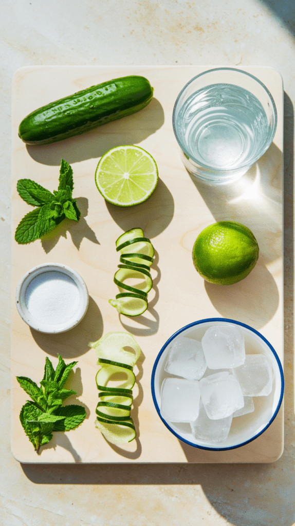 A top-down view of fresh ingredients neatly arranged on a wooden cutting board, ready for making a cucumber mint cooler. The setup includes a whole cucumber, a halved lime, fresh mint leaves, a small bowl of sugar, a glass of water, a bowl of ice cubes, and decorative cucumber spirals. Sunlight casts natural shadows, highlighting the fresh and vibrant textures of each ingredient.