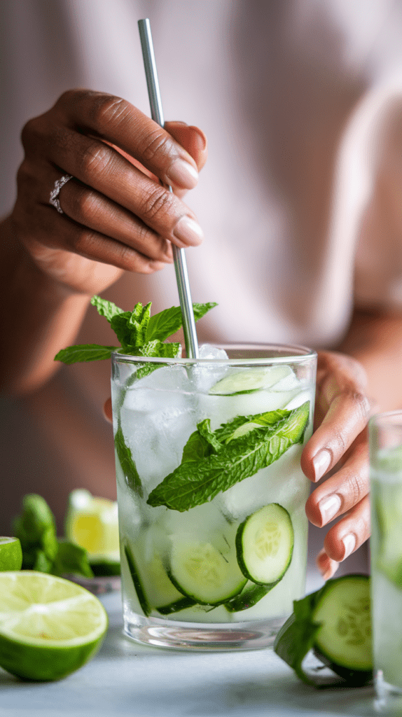 A close-up of a person stirring a cucumber mint cooler with a metal straw in a short glass filled with ice. The drink contains fresh cucumber slices and vibrant mint leaves, with a garnish of mint on top. The person’s hand, adorned with a delicate ring, gently holds the straw, while lime halves and more fresh ingredients are scattered in the blurred background.