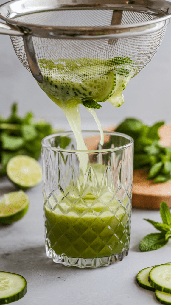 Freshly blended cucumber and mint juice being strained through a fine-mesh sieve into a textured glass. The vibrant green liquid drips down, leaving behind pulp and cucumber slices in the strainer. In the background, fresh mint leaves, lime halves, and cucumber slices are scattered on a cutting board, adding to the refreshing and natural aesthetic.