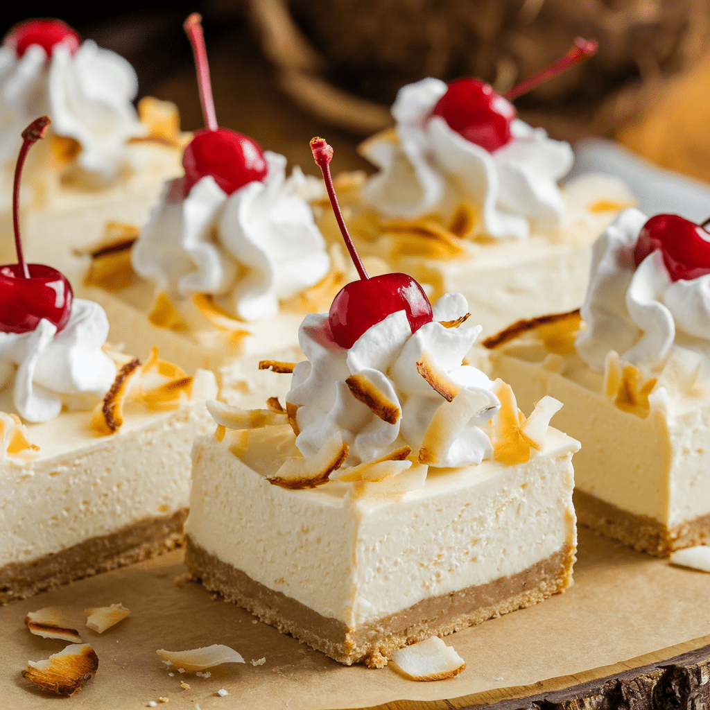 A close-up of Piña Colada cheesecake bars with a creamy, tropical filling on a golden graham cracker crust. Each square is topped with a swirl of whipped cream, toasted coconut flakes, and a glossy red maraschino cherry. The rich texture and vibrant toppings contrast beautifully against the parchment-lined wooden surface, with blurred coconuts in the background enhancing the island-inspired theme.