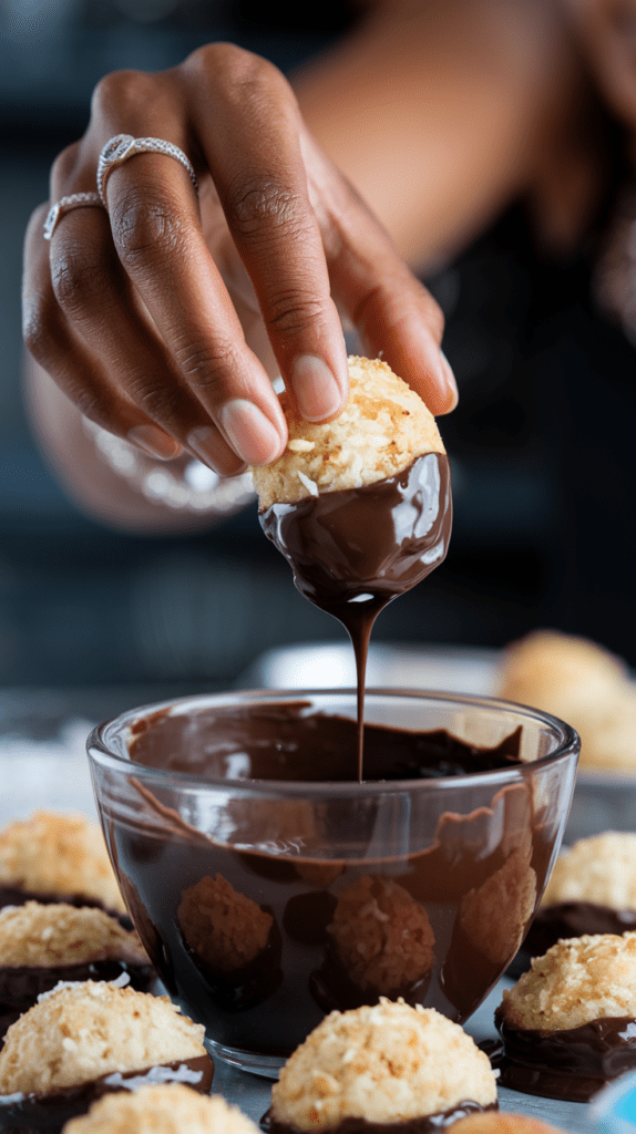 A close-up shot of a hand delicately dipping a golden-brown coconut macaroon into a bowl of smooth, melted dark chocolate. The chocolate creates a glossy coating on the bottom of the macaroon, with a drip forming as the treat is lifted. Surrounding the bowl are other freshly dipped macaroons, showcasing their crisp texture and rich chocolate base. The person's hand features elegant silver rings, adding a touch of style to the baking process.