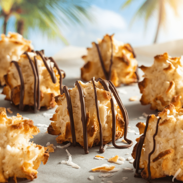 Golden brown coconut macaroons arranged on parchment paper with toasted coconut flakes scattered around. Some are drizzled with rich chocolate. The crisp edges and chewy centers of the macaroons are highlighted by the warm lighting, while a blurred tropical background featuring palm trees and blue skies enhances the island-inspired feel of this sweet treat.