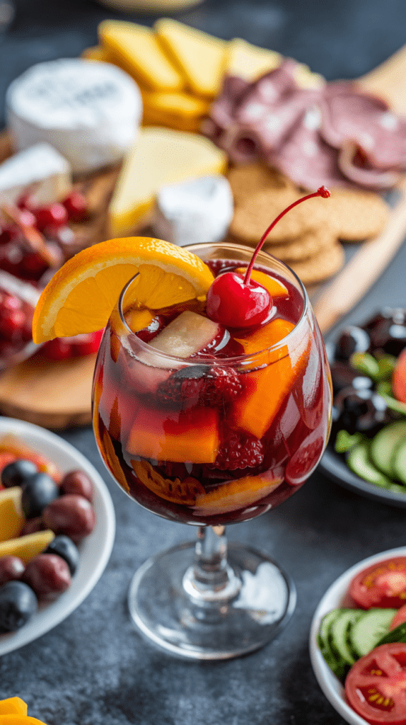 A vibrant glass of red sangria garnished with an orange slice and a maraschino cherry, filled with colorful fruit pieces like strawberries, oranges, and melons. The sangria is part of a larger spread featuring a charcuterie board with assorted cheeses, cured meats, crackers, and fresh fruit, alongside bowls of olives, grapes, and a fresh cucumber and tomato salad. The rich colors and variety of foods create a festive and inviting atmosphere for sharing.