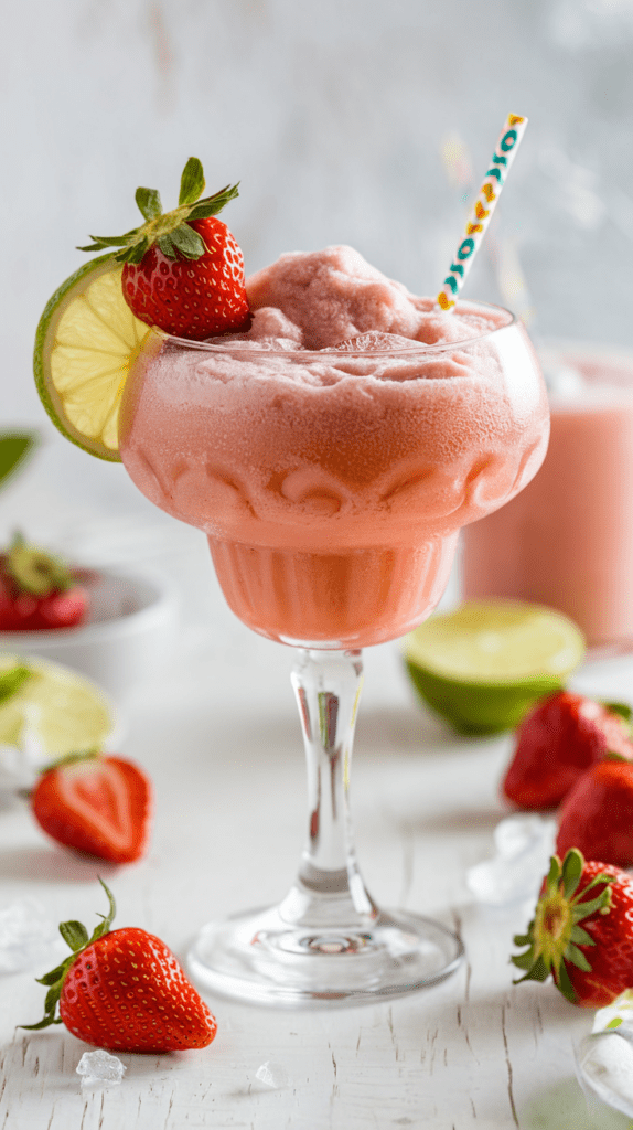 A refreshing frozen strawberry daiquiri served in a decorative glass, garnished with a fresh strawberry, a slice of lime, and a colorful paper straw. The frosty, slushy texture of the drink complements the vibrant red and green hues of fresh strawberries and limes scattered on a bright white surface, creating a summery and tropical vibe.