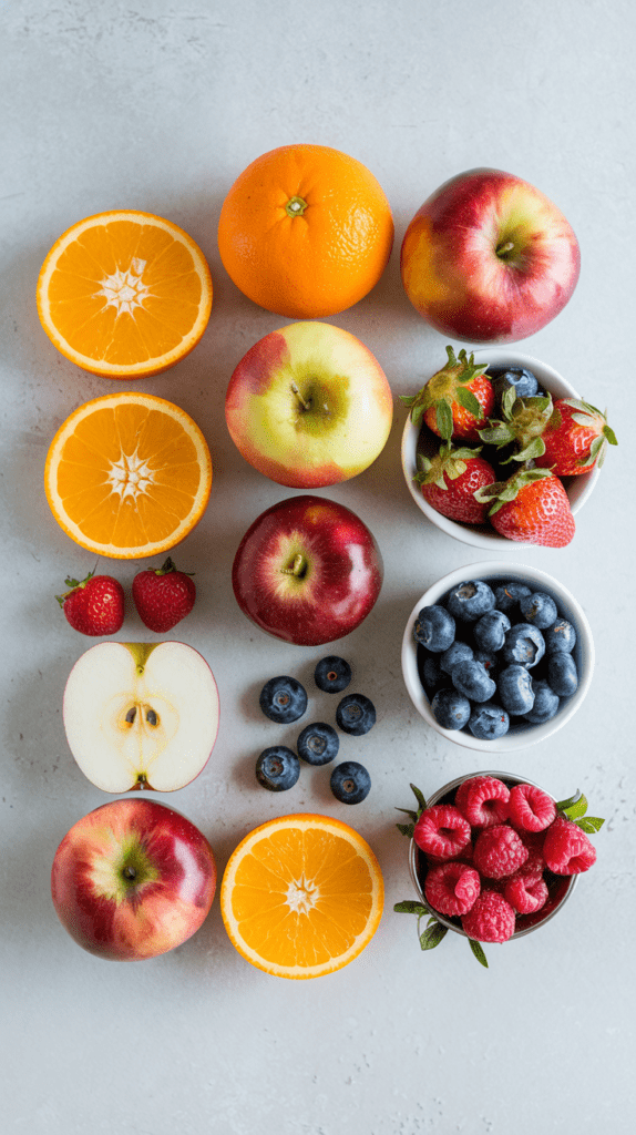 A flat-lay arrangement of fresh fruit ingredients for a sangria, featuring halved and whole oranges, red and green apples, strawberries, blueberries, and raspberries. The fruit is neatly organized in a grid pattern on a light gray surface, with small white bowls holding berries for a clean and vibrant presentation. The colorful produce offers a fresh and inviting look, perfect for a summer beverage or fruit-based recipe.