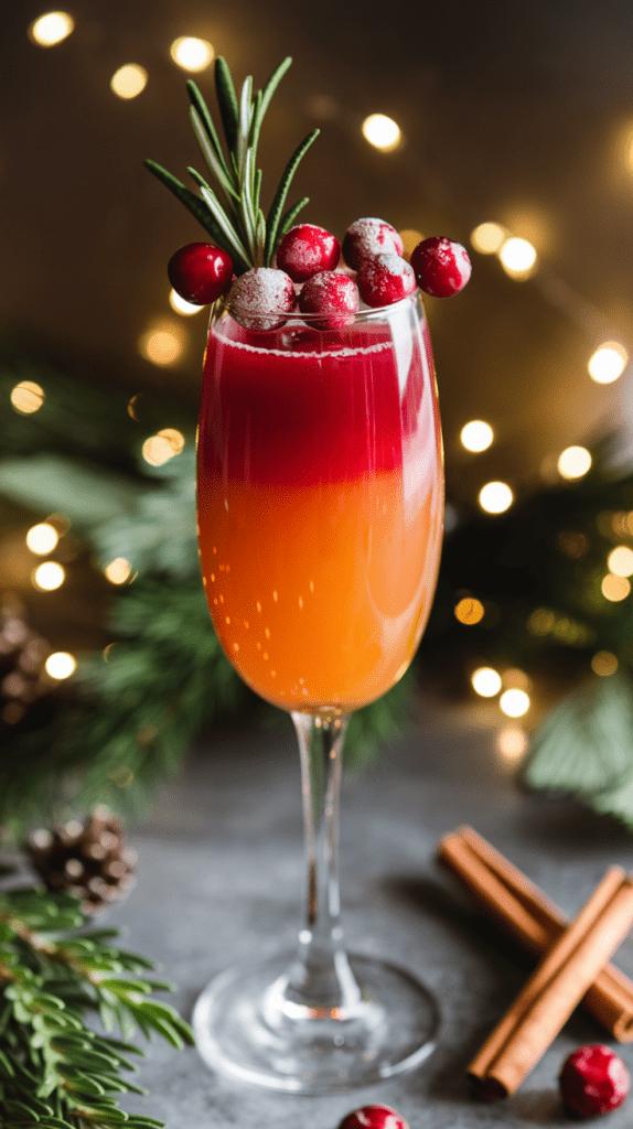 A festive holiday cranberry mimosa in a champagne flute, featuring a vibrant gradient from orange at the bottom to deep red at the top. The drink is garnished with sugared cranberries and a sprig of fresh rosemary, adding a wintry touch. The background is decorated with soft, warm holiday lights, evergreen branches, and cinnamon sticks for a cozy seasonal vibe.