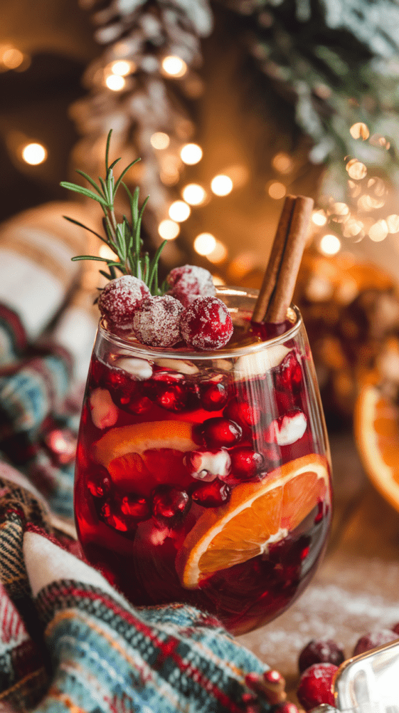 A festive glass of holiday sangria garnished with sugared cranberries, a sprig of rosemary, and a cinnamon stick. The deep red drink is filled with pomegranate seeds, orange slices, and ice, creating a vibrant and wintry presentation. The cozy scene is enhanced by a warm plaid blanket, soft holiday lights, and frosted pinecones in the background, capturing the essence of the holiday season.