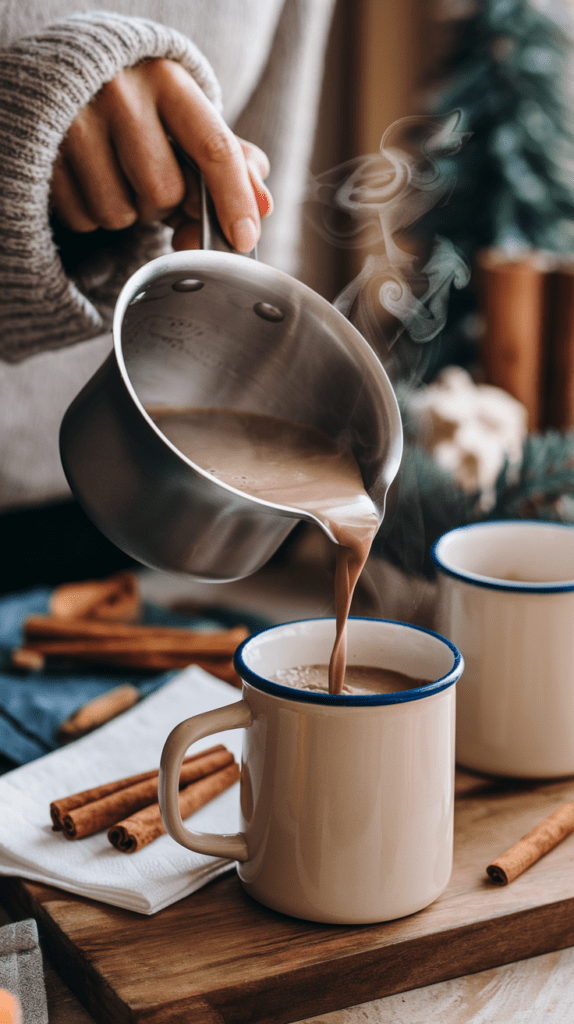 A cozy scene of steaming hot chocolate being poured from a stainless steel saucepan into a cream-colored enamel mug with a blue rim. The rich, velvety drink cascades smoothly, with delicate swirls of steam rising into the air. The setting includes cinnamon sticks on a wooden board, a soft sweater sleeve visible on the person pouring, and a blurred background featuring warm, rustic decor, evoking a comforting winter atmosphere.