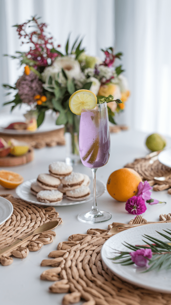 A beautifully set brunch table featuring a tall glass of lavender lemonade garnished with a lemon slice and fresh greenery. The table is adorned with woven placemats, elegant white plates, and a centerpiece of vibrant flowers. A plate of delicate powdered cookies and fresh citrus fruits add to the refreshing and sophisticated ambiance.