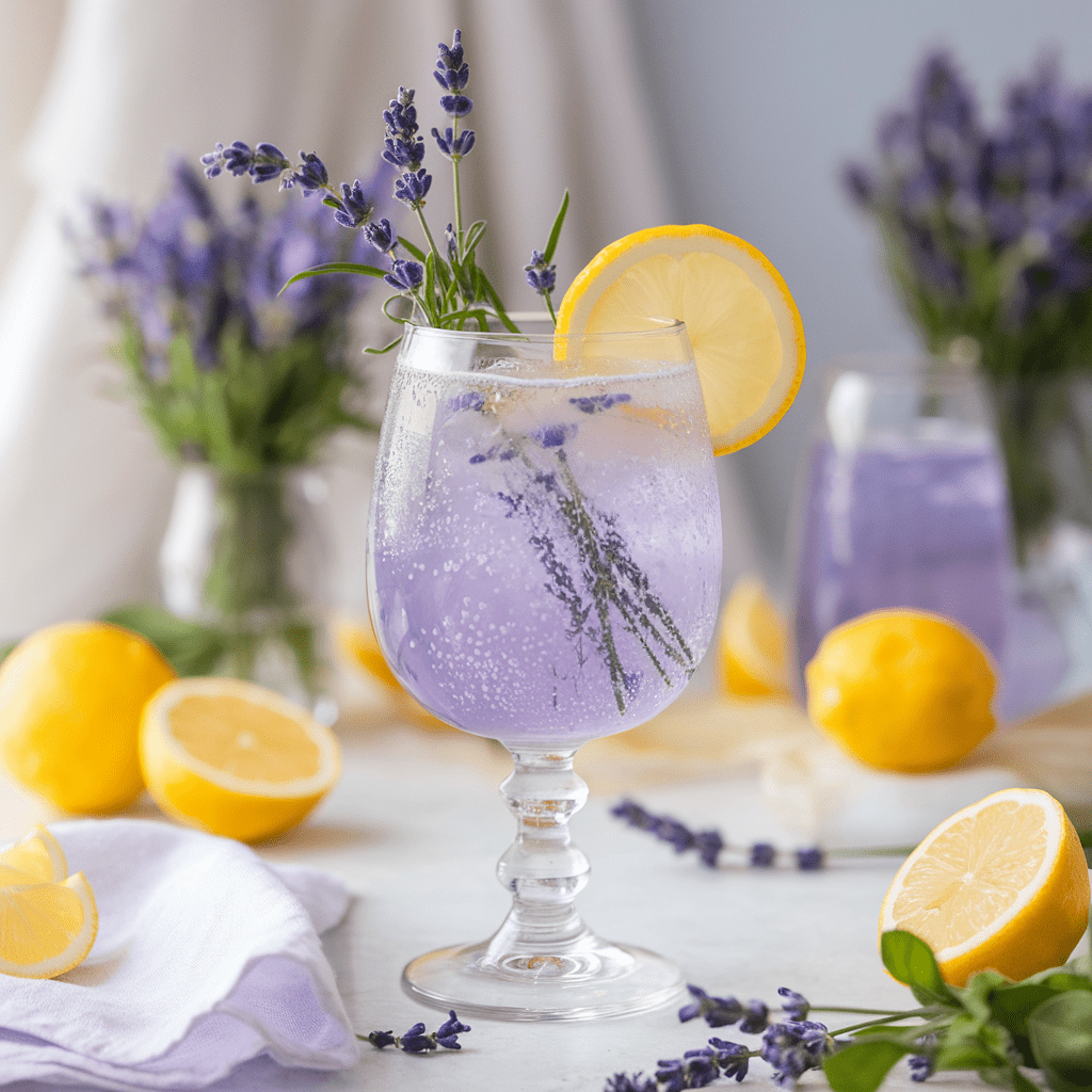 A refreshing lavender lemonade sparkler served in a clear glass goblet, garnished with fresh lavender sprigs and a lemon slice. The light purple drink is surrounded by vibrant yellow lemons and additional lavender flowers, creating a bright and elegant spring or summer vibe.