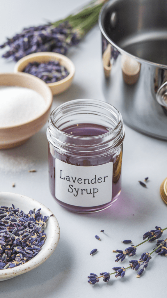 A jar of homemade lavender syrup with a light purple hue, surrounded by dried lavender buds, fresh lavender sprigs, a bowl of sugar, and a stainless steel saucepan. The setup offers a calming and elegant vibe, perfect for preparing floral-inspired beverages and recipes.