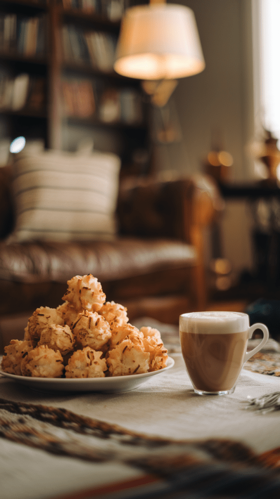 A cozy living room setting with a plate of golden-brown coconut macaroons stacked high on a table, accompanied by a frothy cup of latte. The scene features warm lighting, a leather armchair, a bookshelf filled with books, and a softly glowing floor lamp in the background. The overall ambiance is inviting and perfect for enjoying a sweet treat with a warm drink on a relaxed afternoon.