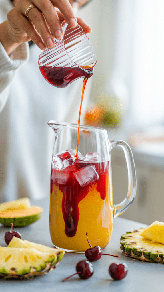 A close-up of a woman pouring deep red syrup into a glass pitcher filled with ice and golden-orange juice, creating a beautiful swirling effect. The pitcher is surrounded by fresh pineapple slices and cherries on a gray countertop. The background is softly blurred, with natural light streaming in, giving the scene a fresh and inviting feel.