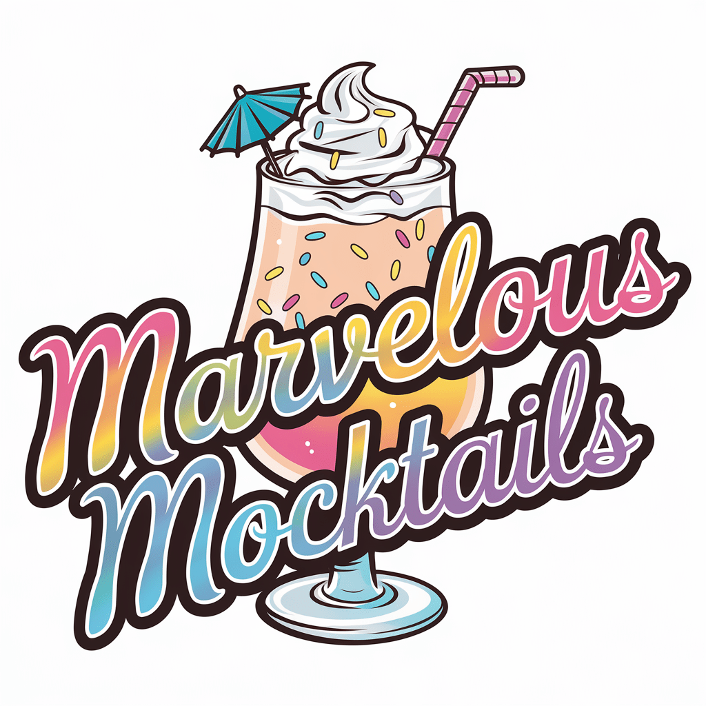 A colorful, illustrated logo for "Marvelous Mocktails" featuring a stylized cocktail glass filled with a layered drink, topped with whipped cream and rainbow sprinkles. A small umbrella and a striped straw are placed in the drink, adding a playful touch. The text "Marvelous Mocktails" is written in a bold, gradient font with a black outline, complementing the fun and vibrant theme.