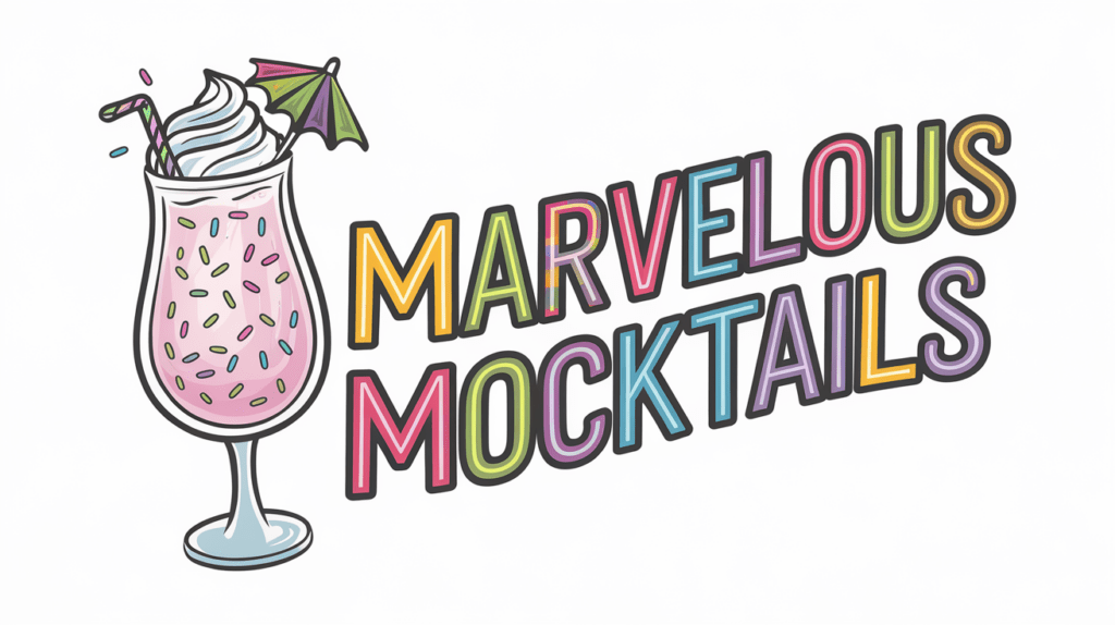 A colorful, illustrated logo for "Marvelous Mocktails," featuring a playful, vibrant design. The text is in bold, multicolored uppercase letters with a black outline, slightly tilted for a dynamic effect. To the left, there is a stylized mocktail glass filled with a pink beverage with rainbow sprinkles, topped with whipped cream, a striped straw, and a small cocktail umbrella, enhancing the fun and festive theme.