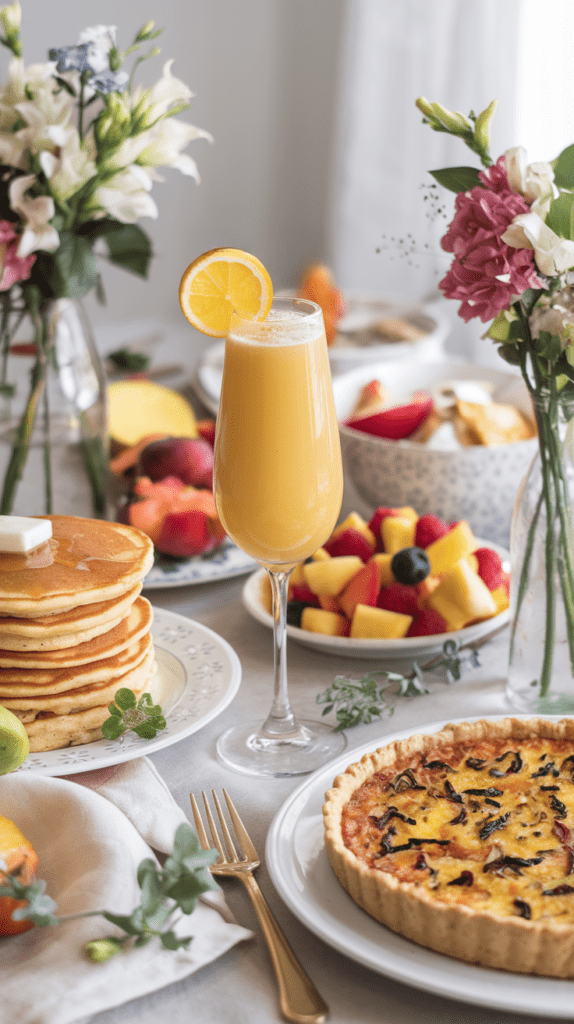 A bright and elegant brunch table featuring a non-alcoholic mimosa garnished with a fresh orange slice, surrounded by a delicious spread of pancakes with butter, a colorful fruit salad, and a savory quiche. The table is adorned with fresh flowers in glass vases, adding a charming and inviting ambiance. The light and airy setting enhances the fresh and vibrant feel of the meal.