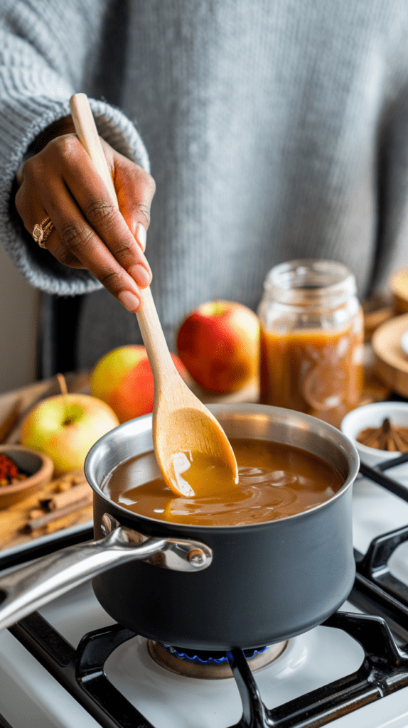 A person wearing a cozy gray sweater stirs a pot of rich caramel apple cider on a stovetop with a wooden spoon. The scene is surrounded by fresh apples, a jar of caramel sauce, and autumn spices, creating a warm and inviting fall atmosphere.