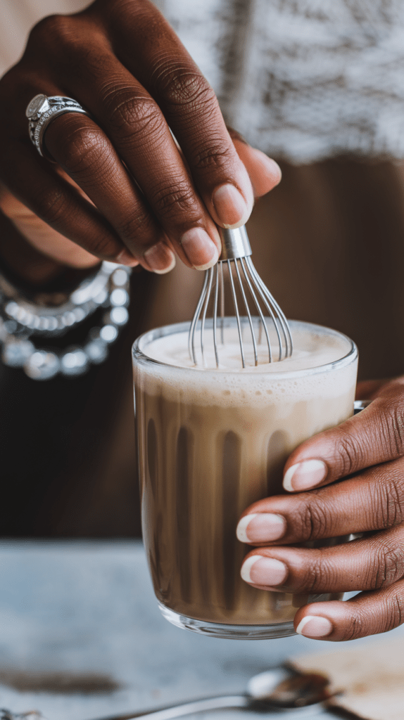 A close-up of a person frothing a creamy chai latte with a small whisk. The glass mug showcases the rich, velvety texture of the beverage, while the person's hands, adorned with a beautiful silver ring and bracelet, add a personal and cozy touch to the scene.