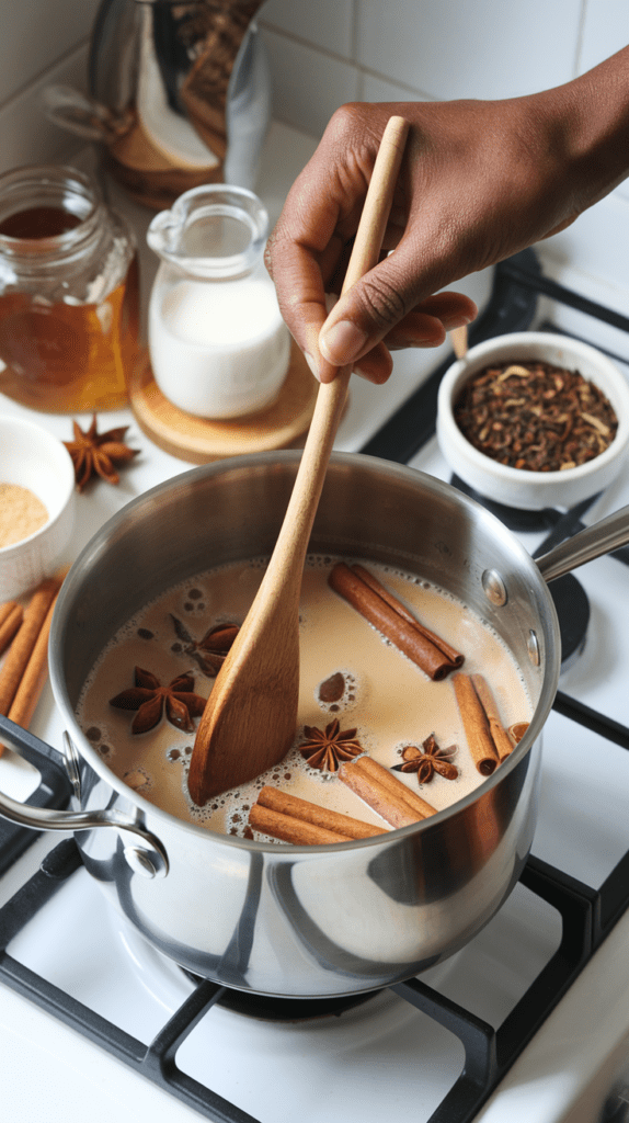 A person stirs a simmering pot of homemade chai tea on the stovetop, filled with creamy milk, cinnamon sticks, star anise, and aromatic spices. The surrounding setup includes ingredients like honey, milk, loose tea leaves, and spices, creating a warm and inviting atmosphere perfect for brewing a cozy beverage.