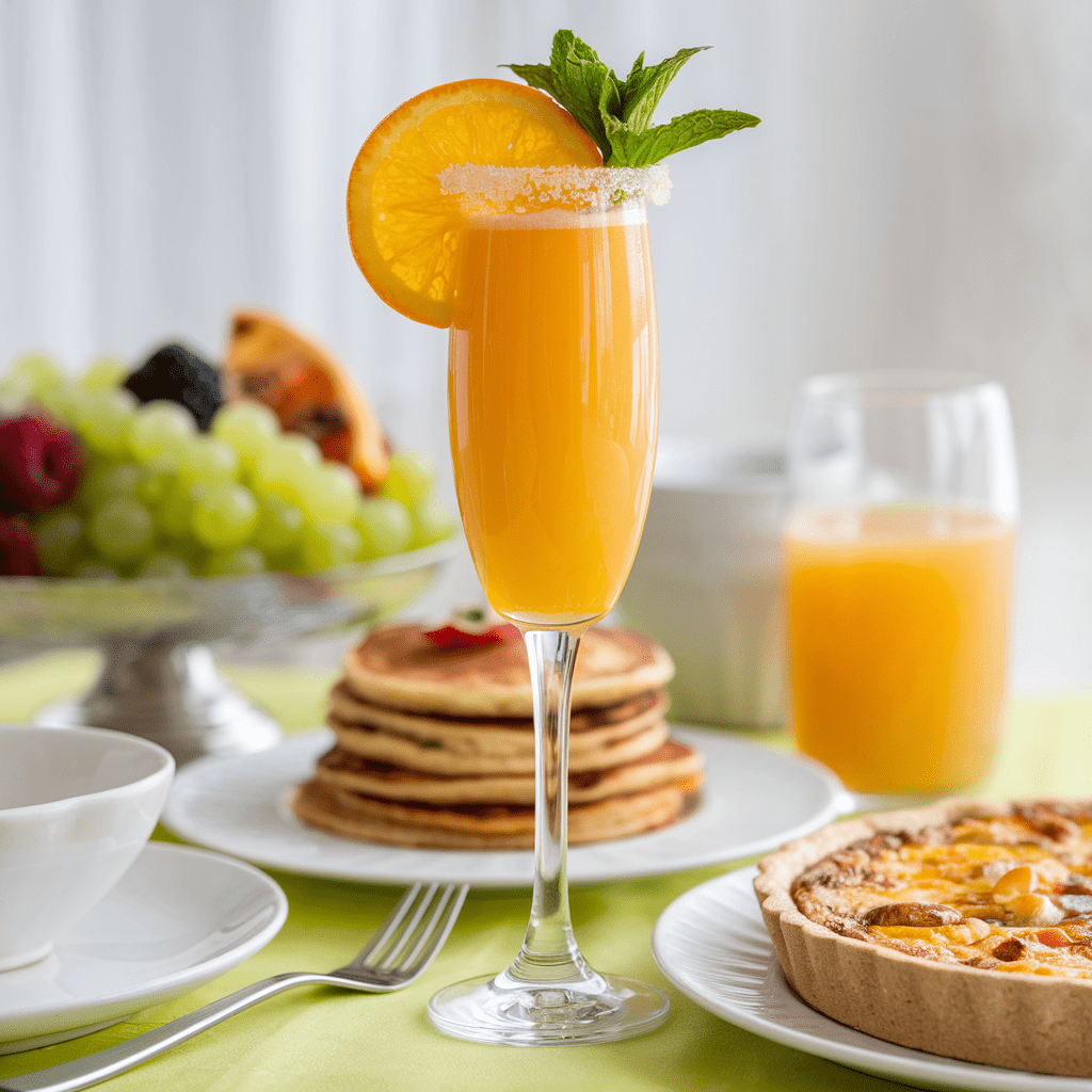 A vibrant brunch setting with a tall glass of non-alcoholic mimosa garnished with an orange slice and fresh mint. The table features a fruit bowl with green grapes and berries, a stack of fluffy pancakes with a strawberry on top, a slice of savory quiche, and a glass of fresh orange juice. The bright green tablecloth adds a fresh, cheerful touch.