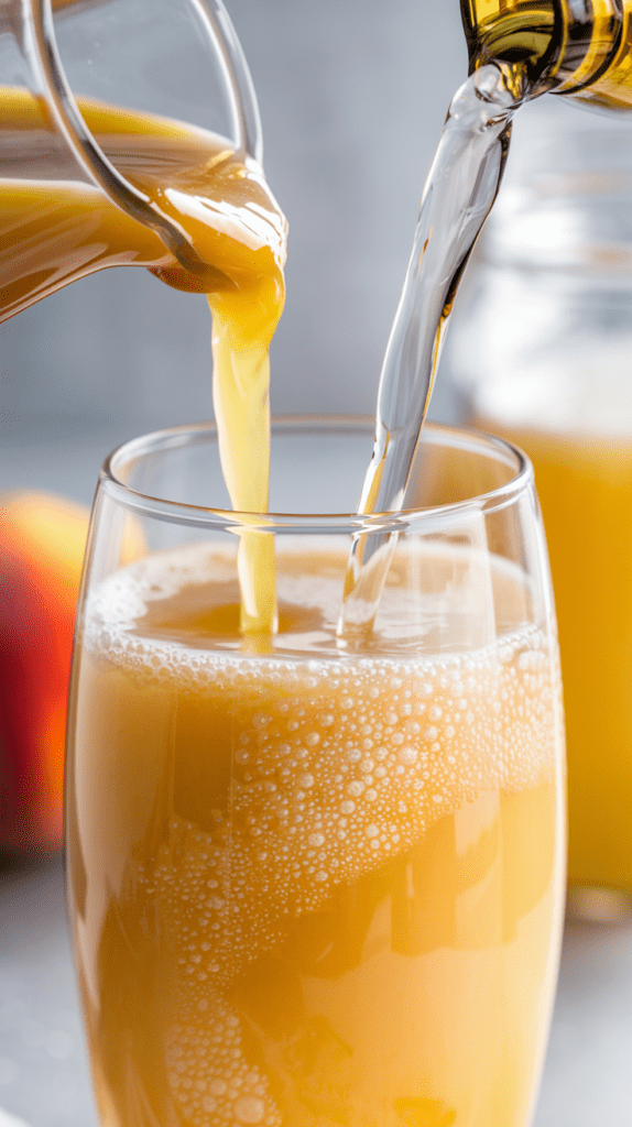 Close-up of a glass being filled with vibrant peach juice from a pitcher and sparkling water from a bottle, creating a frothy and refreshing peach Bellini mocktail. The mix of orange juice and clear bubbly water forms a light foam, with a blurred background featuring fresh peaches and a jar of juice.