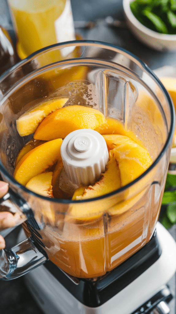 Sliced fresh peaches in a food processor, ready to be blended into a smooth puree for a peach Bellini mocktail. The vibrant yellow-orange fruit is surrounded by a light liquid base, with a bottle of juice and fresh mint leaves visible in the blurred background.