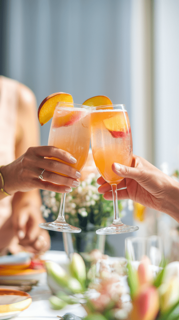 Two tall champagne flutes filled with refreshing peach Bellini mocktails clink together in a celebratory toast. The drinks have a light peach-orange hue, garnished with fresh peach slices, adding a vibrant touch. The background features a bright and elegant brunch setting with soft floral decorations, creating a warm and inviting atmosphere.