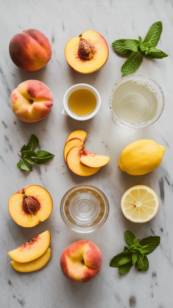 A flat lay of fresh ingredients for a peach Bellini mocktail, including whole and halved ripe peaches, fresh mint leaves, lemon halves, and a small dish of honey. Glass bowls hold clear liquids, likely sparkling water and simple syrup, adding a refreshing and vibrant feel to the composition on a white marble surface.